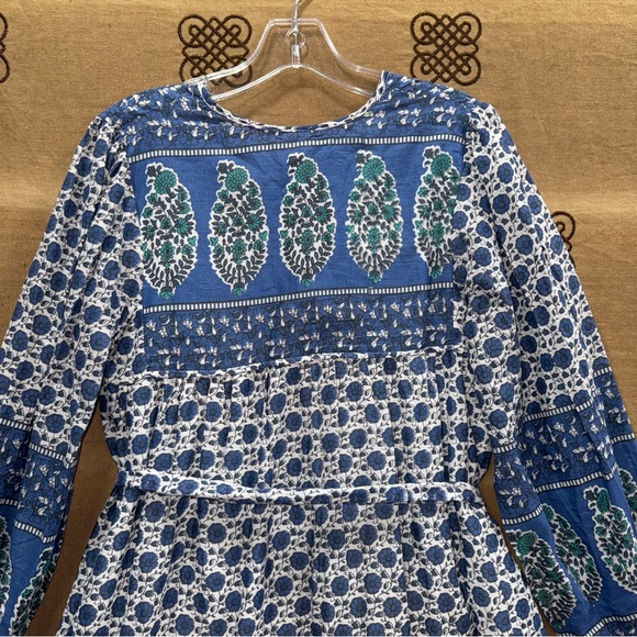 Emerson Fry India Collection Blue&White Paisley Cotton Boho Peasant Midi Dress - Picture 15 of 16